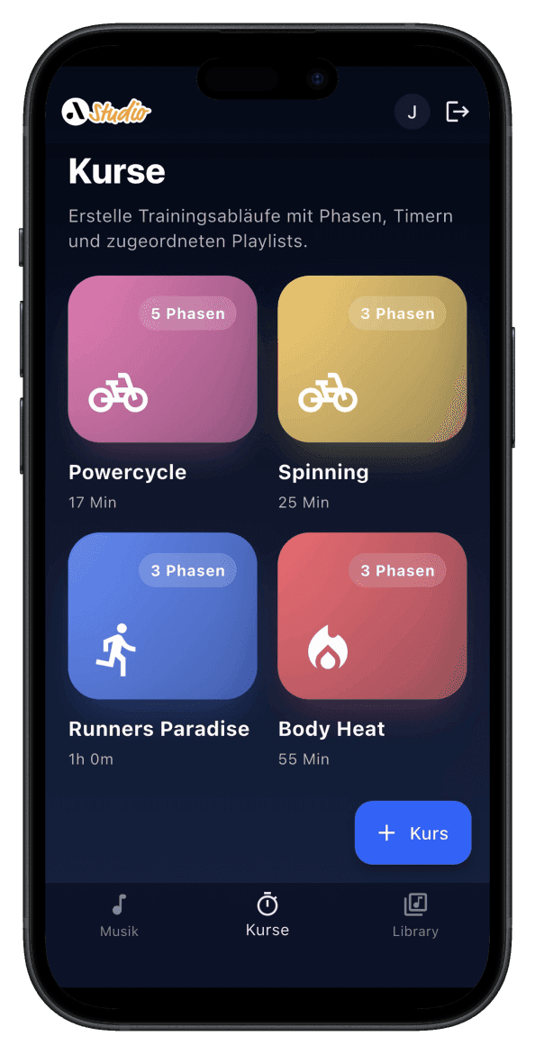 Application audiorooms Studio – aperçu des cours avec icônes
