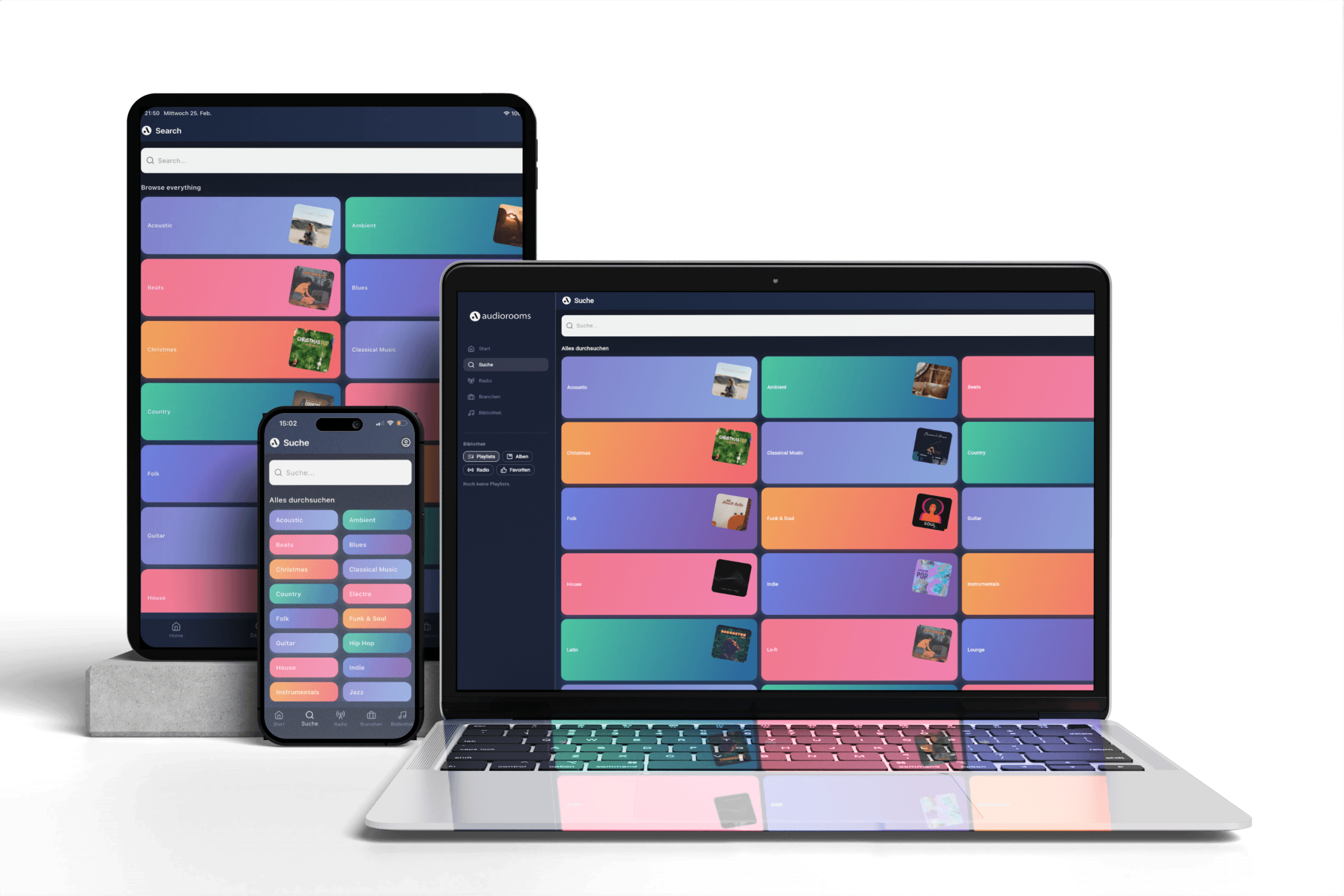 Application audiorooms sur ordinateur portable, tablette et smartphone